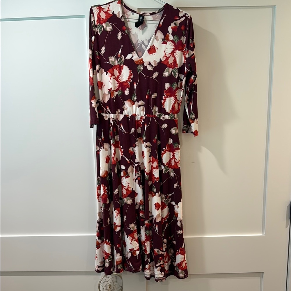 Agnes & Dora Red Pink V-Neck 3/4 Sleeve Midi Sundress
